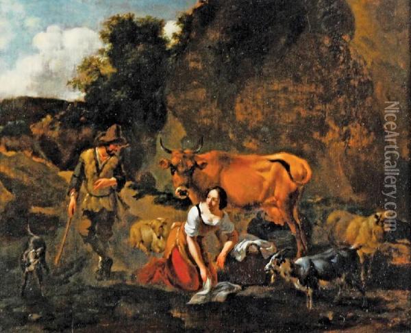 Pejzaz Z Pasterzem I Praczka Oil Painting - Nicolaes Berchem