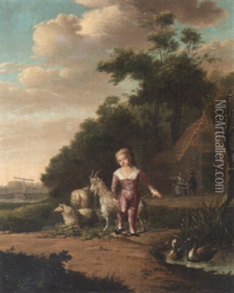 A Young Boy With A Tethered Goat By Pond, A Couple Seated By An Inn Beyond Oil Painting - Balthasar Anton Dunker
