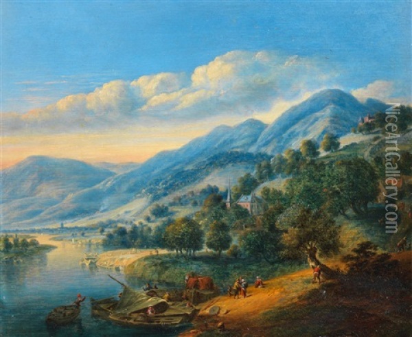 An Extensive River Landscape With Figures On Boats Near The Shore Oil Painting - Johannes Vorsterman