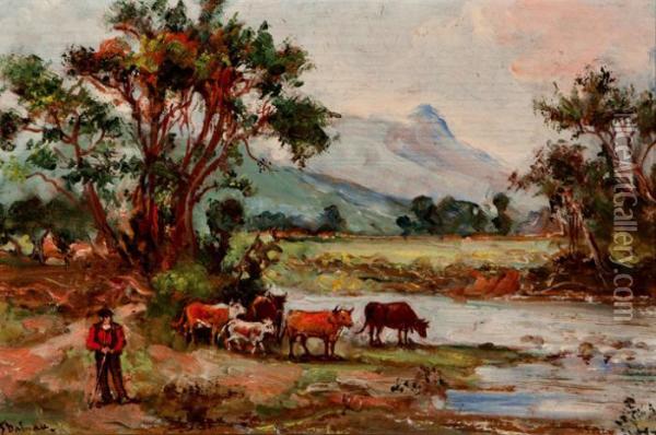 Vacas Abrevando En El Rio Oil Painting - Emilio Poy Dalmau