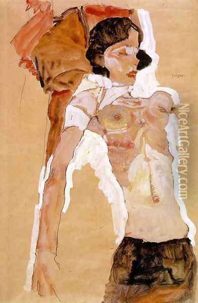 Semi-Nude Girl, Reclining Oil Painting - Egon Schiele