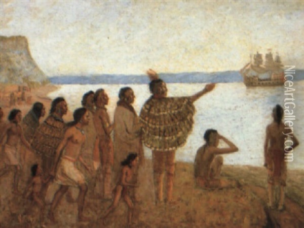 The Departure Of Verrazano From New York Harbor Oil Painting - Edwin Willard Deming