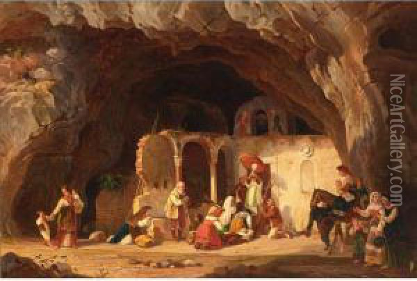 Figures At Prayer At The Entrance Of A Cave Oil Painting - Carl Wilhelm Goetzloff