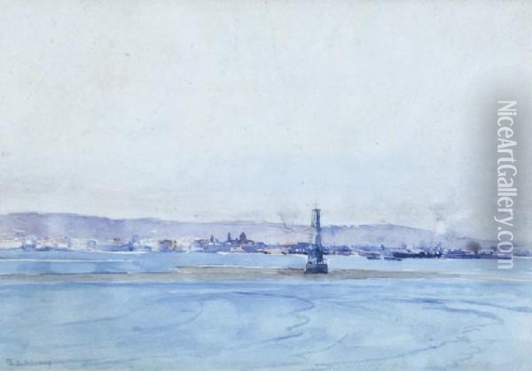 Buoy On A Mudbank Near A Harbour Oil Painting - Benjamin Edwin Minns