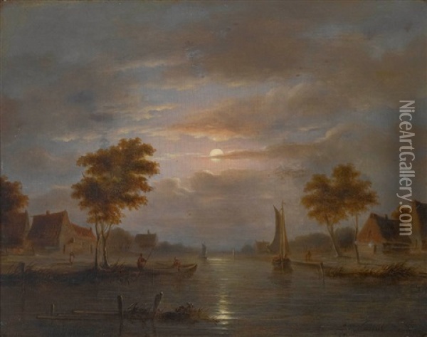 Abendliche Kanallandschaft Oil Painting - Johannes Hermanus Koekkoek