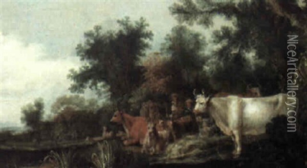 Wooded Landscape With Herders And Their Flocks Oil Painting - Cornelis Saftleven