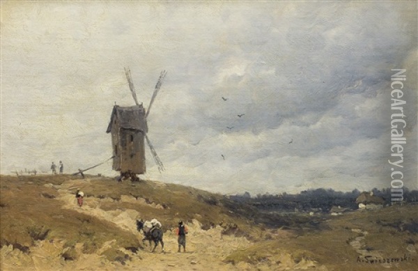 Landscape With Windmill Oil Painting - Alexander Swieszewski