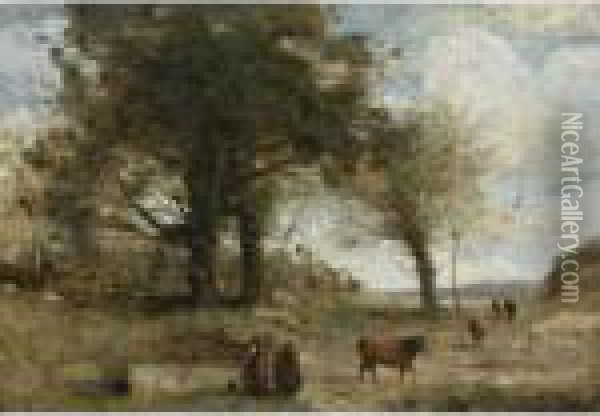 Les Vacheres A La Fontaine Oil Painting - Jean-Baptiste-Camille Corot