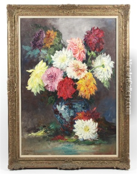 Still Life, Chrysanthemums Oil Painting - Paul Denarie