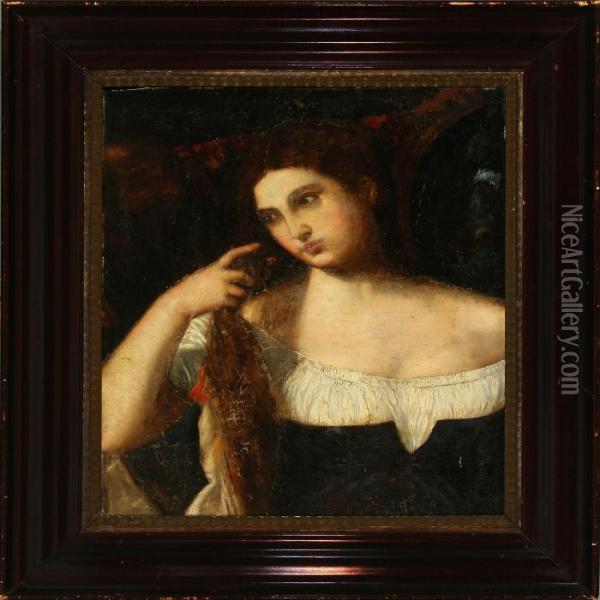 Lady With A Mirror Oil Painting - Tiziano Vecellio (Titian)