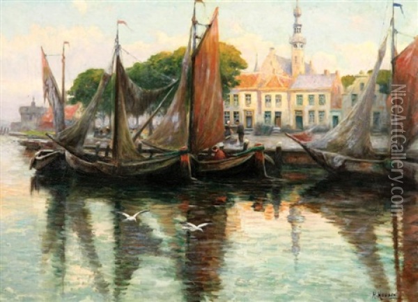 Barques Le Long D'un Quai En Hollande Oil Painting - Henri Houben