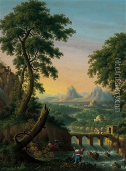 Gebirgige Flusslandschaft Mit Einer Steinernen Bogenbrucke Und Figuren Oil Painting - Johann Gottlieb Hackert