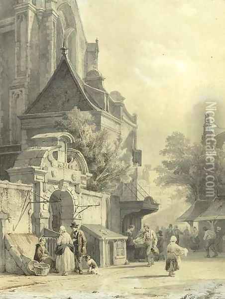 Daily activities on a church square Oil Painting - Cornelis Springer