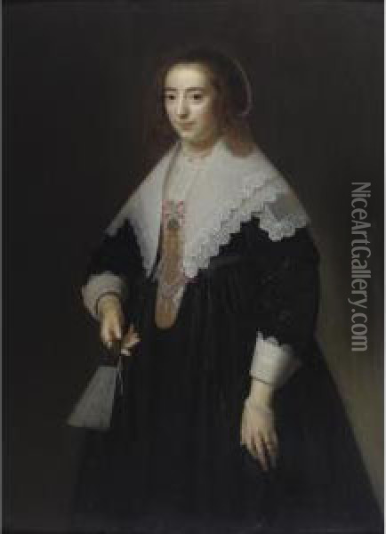 Portrait Of A Lady Holding A Fan Oil Painting - Dirck Verhaert