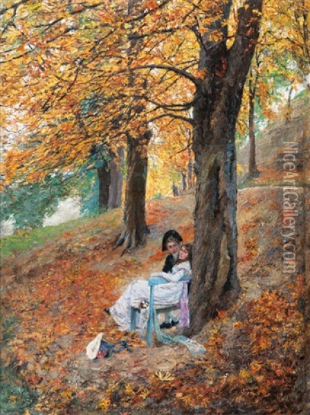 Lovers In An Autumnal Park Oil Painting - Oscar Arthur Bluhm