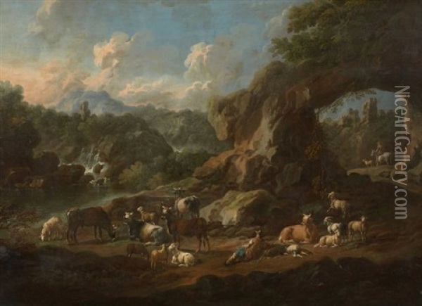 Berger Et Son Troupeau Dans Un Paysage D'italie Oil Painting - Johann Heinrich Roos