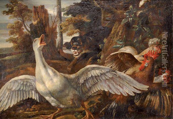 Chien Attaquant Une Oie Et Des Poules Oil Painting - David de Coninck