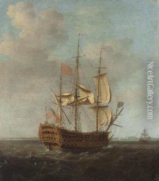 An English First Rate Of The Red Squadron Making Sail Out Of Spithead Oil Painting - Francis Swaine