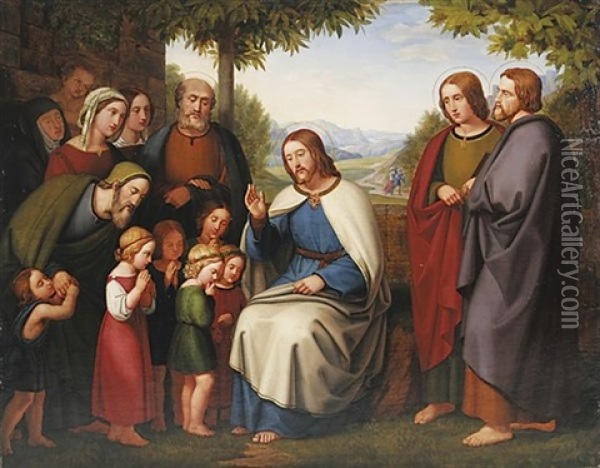 Lasset Die Kindlein Zu Mir Kommen. Christus Segnet Die Kinder Oil Painting - Heinrich Maria von Hess