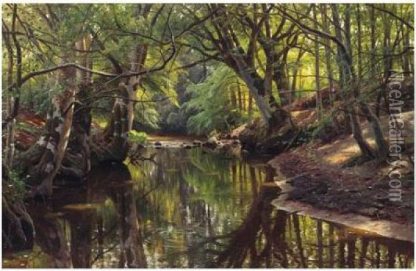 Flodlandskab (forest Stream) Oil Painting - Peder Mork Monsted