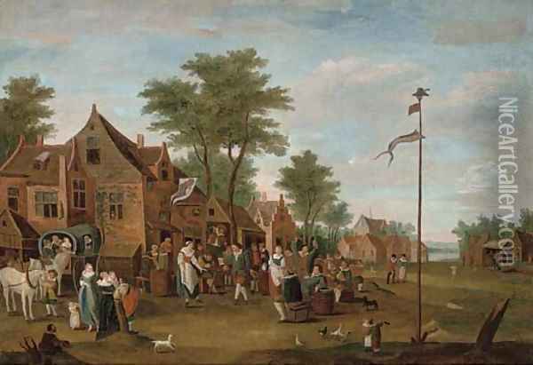 A river landscape with peasants merry-making outside an inn Oil Painting - David The Younger Teniers