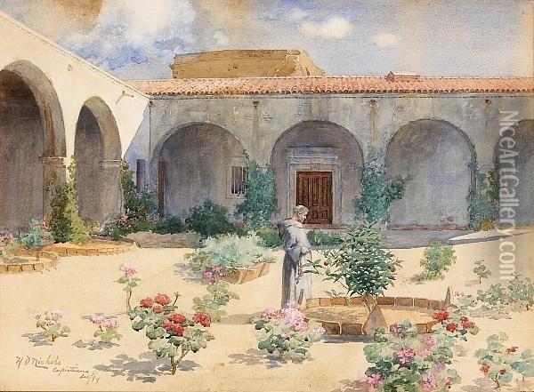 Among The Flowers, Capistrano Mission California Oil Painting - Harley Dewitt Nichols
