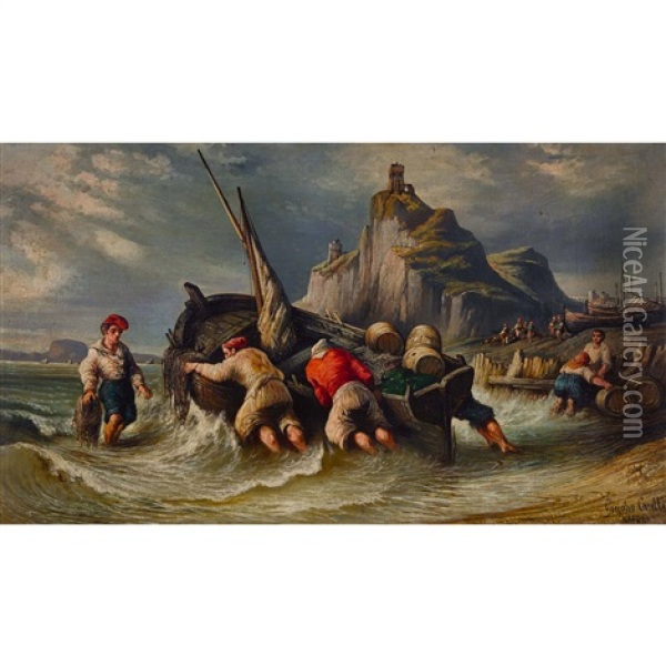 Fischer Mit Boot Am Strand Von Capri Oil Painting - Consalvo Carelli