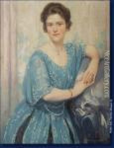 Portrait De Dame En Robe Bleue Oil Painting - Philippe Swyncop