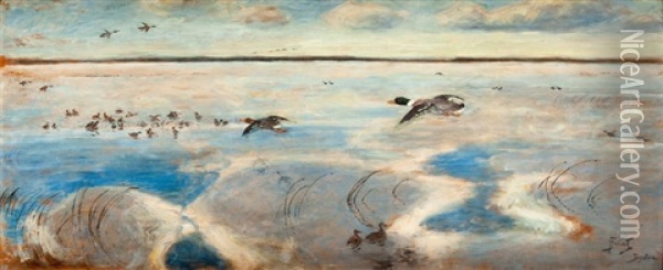 Dzikie Kaczki Oil Painting - Julian Falat