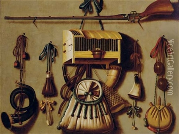 A Trompe L'oeil Still Life With A Gun, A Bird In A Cage, A Hunting Horn, Gun Powder, And Other Hunting Implements Hanging On A Wall Oil Painting - Johannes Leemans