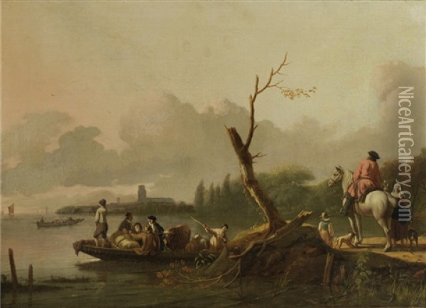 A River Landscape, Most Probably The Merwede, With Figures Departing On A Ferry, A Horseman And Maid On The Bank, The Tower Of The Grote Kerk, Dordrecht, In The Distance Oil Painting - Ludolf Backhuysen the Elder