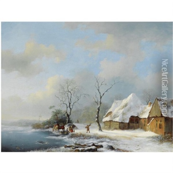 Woodgatherers In A Snowy Landscape Oil Painting - Frederik Marinus Kruseman