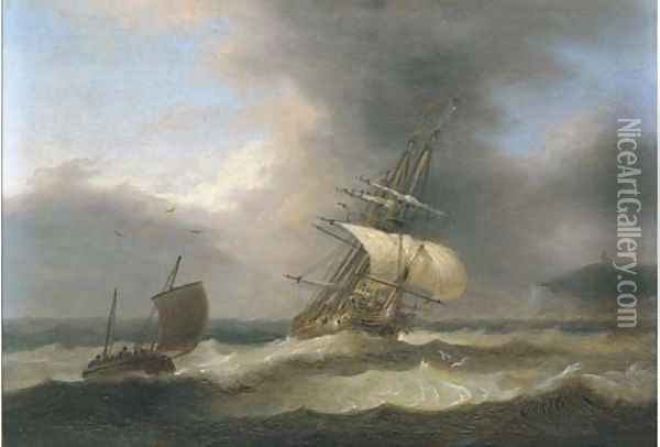 A merchantman reefed down in heavy seas running past a headland Oil Painting - Thomas Luny