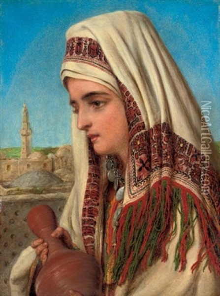 An Arab Woman, With A Head Shawl, Carrying A Water Jug Oil Painting - William Gale