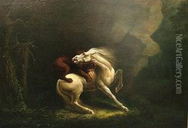 A Horse Being Attacked By A Lion Oil Painting - George Stubbs