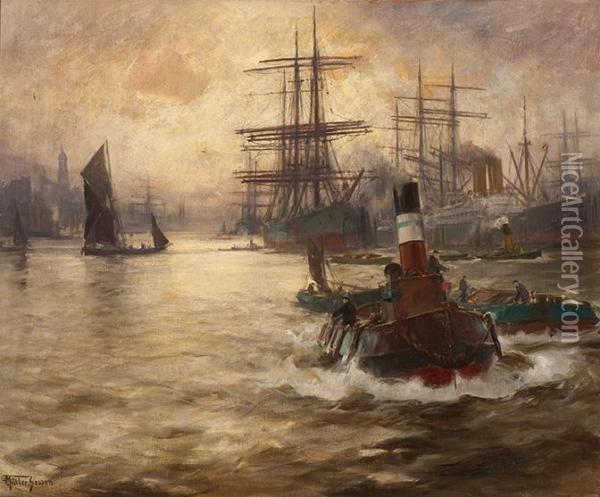 Hamburg Harbour View Oil Painting - Franz Muller-Gossen
