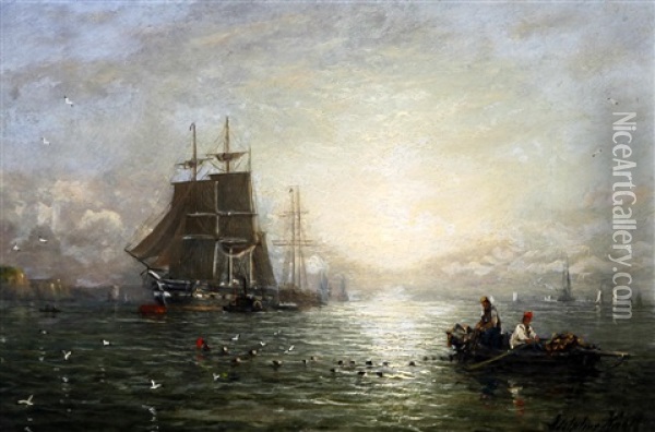 Shipping In Calm Waters At Dusk Oil Painting - William Adolphus Knell