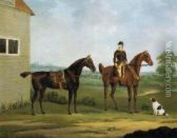 A Chestnut And A Bay Hunter With A Groom And Spaniel Oil Painting - John Nost Sartorius