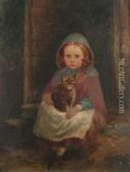Portrait Of A Young Girl With A Tabby Cat Oil Painting - George Hepper