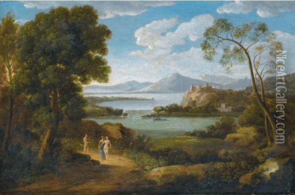 A Classical River Landscape With Three Figures On A Path, A Hilltop Town In The Distance Oil Painting - Hendrik Frans Van Lint