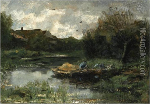 A Summer Landscape With A Peasant In A Barge Oil Painting - Jacob Henricus Maris