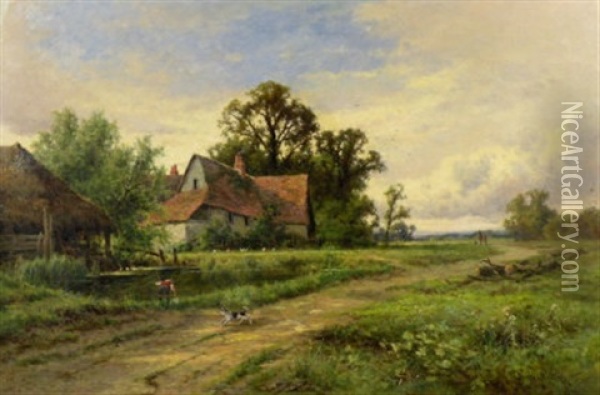The Young Angler - A Boy Fishing In A Pond With Farmhouse Beyond Oil Painting - Henry H. Parker