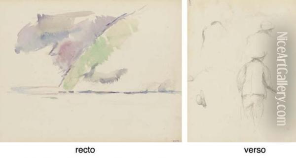 Profil Du Roc De Chere, Lac D'annecy (recto); Homme Vu De Dos (verso) Oil Painting - Paul Cezanne