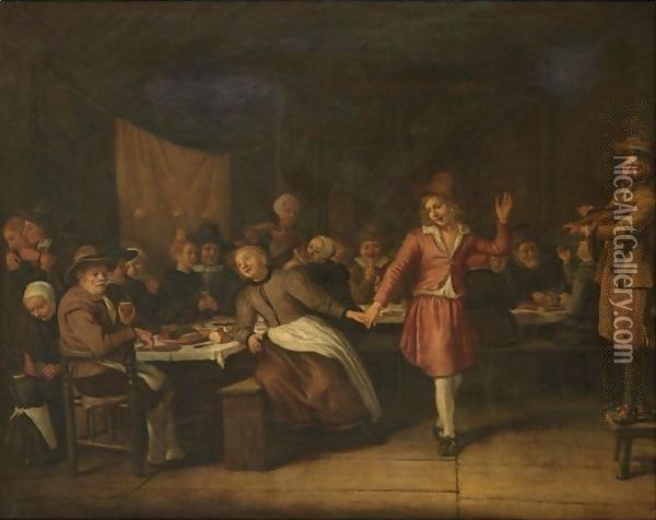 A Wedding Banquet With A Young Man Propositioning A Peasant Woman For A Dance Oil Painting - Jan Victors