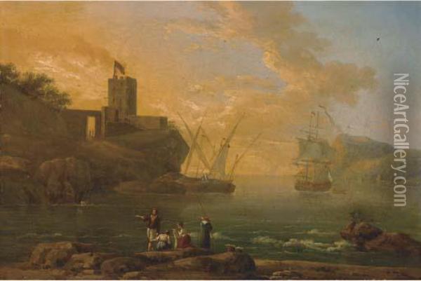 A Mediterranean Coastal Inlet With Fisherman In The Foreground Oil Painting - Claude-joseph Vernet