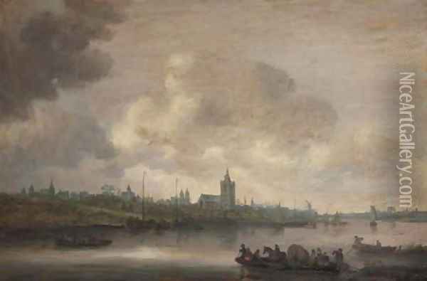 A view of Arnhem with fishermen in rowing boats in the foreground 2 Oil Painting - Jan van Goyen