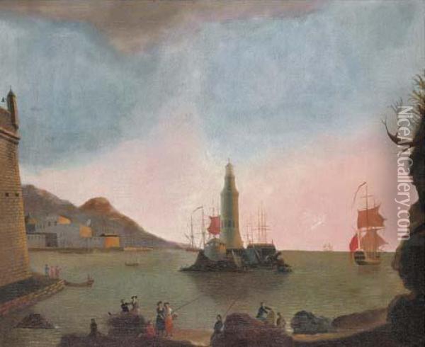 A Mediterranean Port With A Lighthouse And An Englishman-o-war Oil Painting - Charles Francois Lacroix de Marseille
