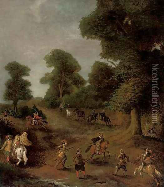 A wooded landscape with travellers under siege Oil Painting - Jan Wyck