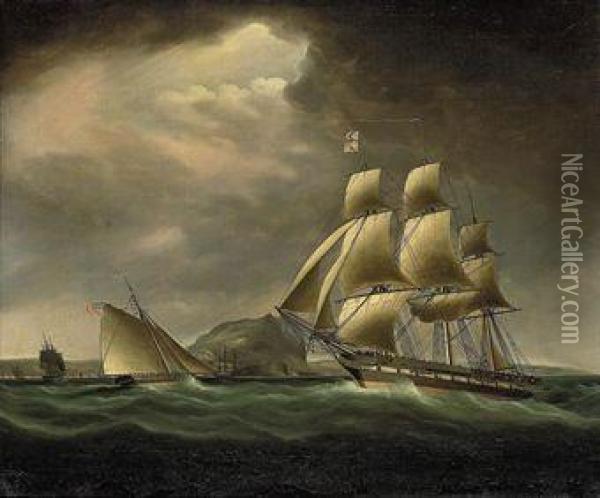 A Frigate And A Royal Navy Cutter In A Stiff Breeze Off Gibraltar Oil Painting - Thomas Buttersworth