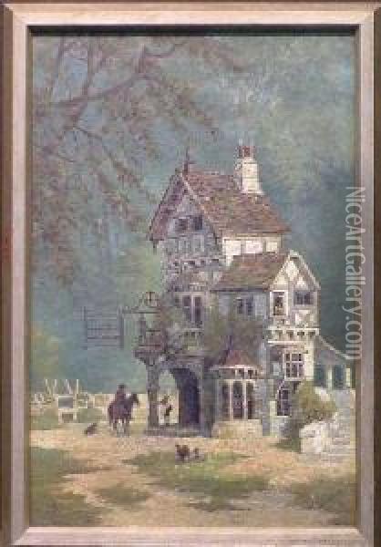 Sign Of The Gate, An Old English Tavern Oil Painting - Edwin, Edward Deakin
